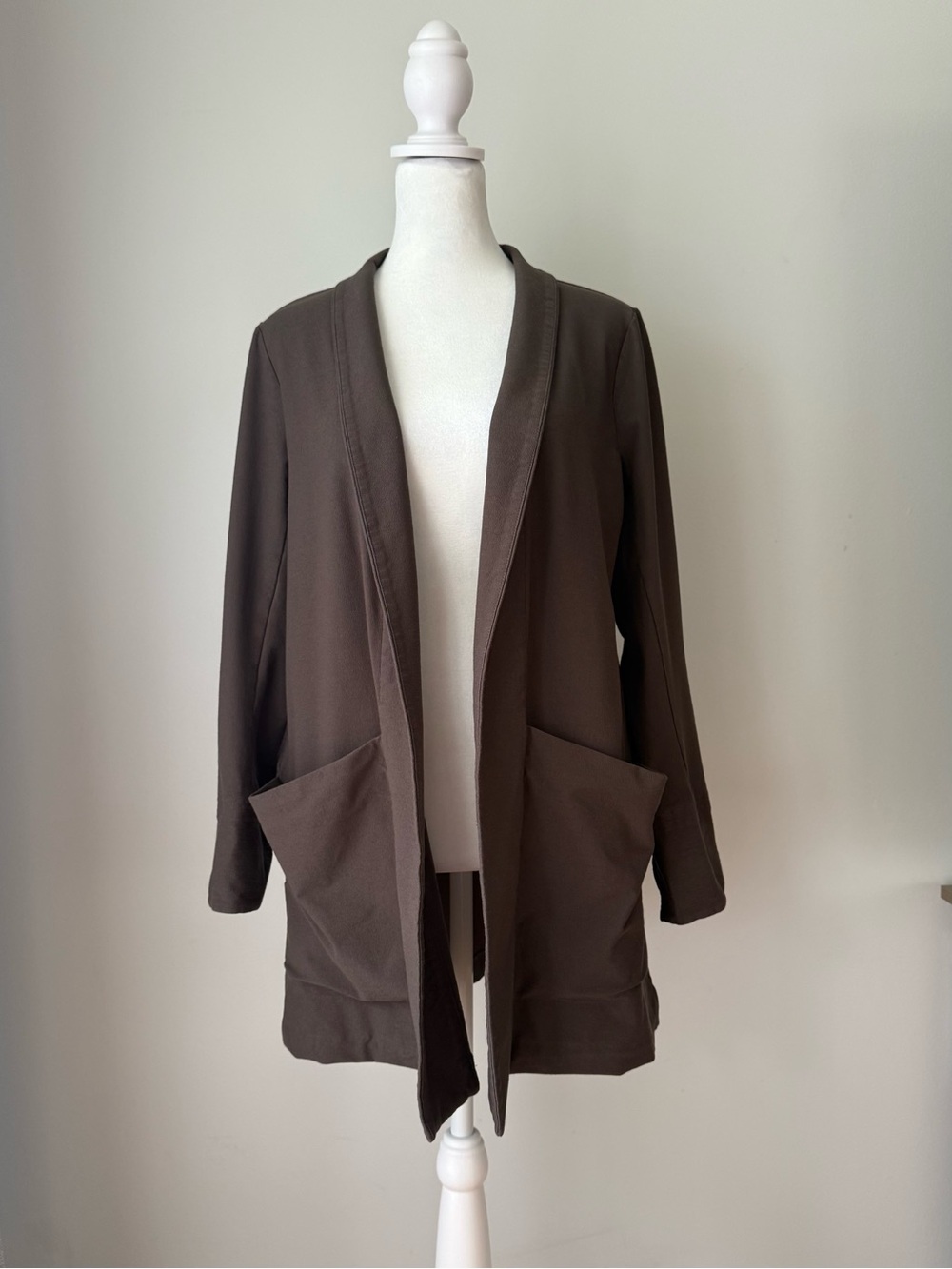 Eileen Fisher Petite PM Taupe Open Front Long Jacket Cardigan Pockets